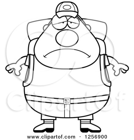 Clipart of a Black and White Sad Depressed Chubby Hiker Man with Camping Gear - Royalty Free Vector Illustration by Cory Thoman