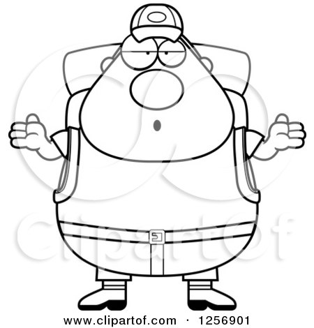Clipart of a Black and White Careless Shrugging Chubby Hiker Man with Camping Gear - Royalty Free Vector Illustration by Cory Thoman