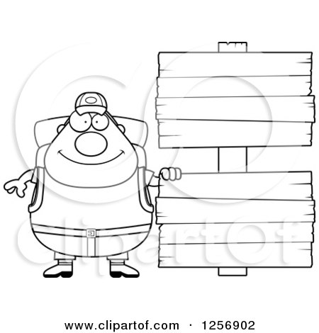 Clipart of a Black and White Chubby Hiker Man with Camping Gear by Wood Signs - Royalty Free Vector Illustration by Cory Thoman