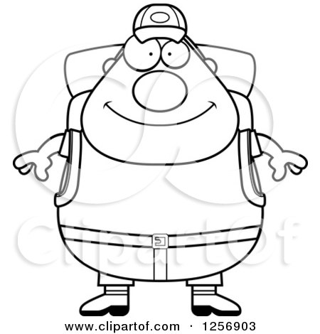 Clipart of a Black and White Chubby Hiker Man with Camping Gear - Royalty Free Vector Illustration by Cory Thoman