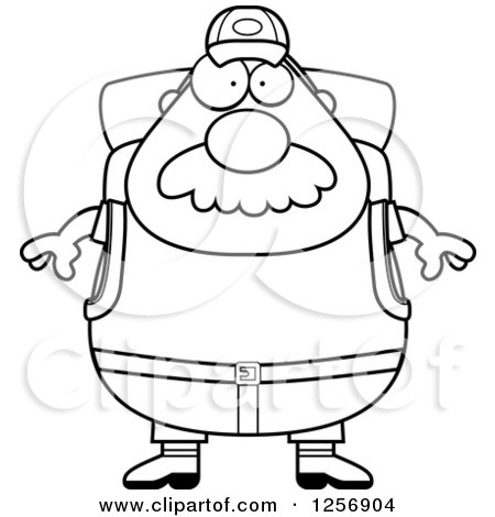 Clipart of a Black and White Chubby Hiker Man with a Mustache and Camping Gear - Royalty Free Vector Illustration by Cory Thoman