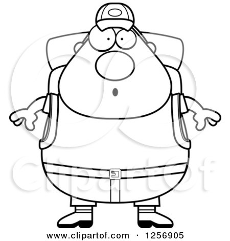 Clipart of a Black and White Surprised Chubby Hiker Man with Camping Gear - Royalty Free Vector Illustration by Cory Thoman