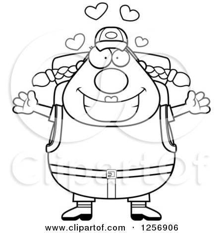 Clipart of a Black and White Loving Chubby Hiker Woman with Camping Gear - Royalty Free Vector Illustration by Cory Thoman