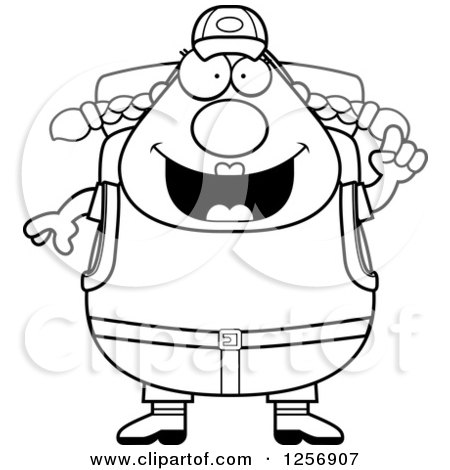 Clipart of a Black and White Chubby Hiker Woman with Camping Gear and an Idea - Royalty Free Vector Illustration by Cory Thoman