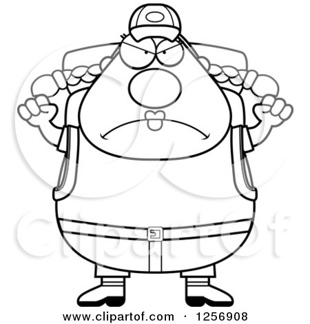 Clipart of a Black and White Mad Chubby Hiker Woman with Camping Gear and Waving Her Fists - Royalty Free Vector Illustration by Cory Thoman