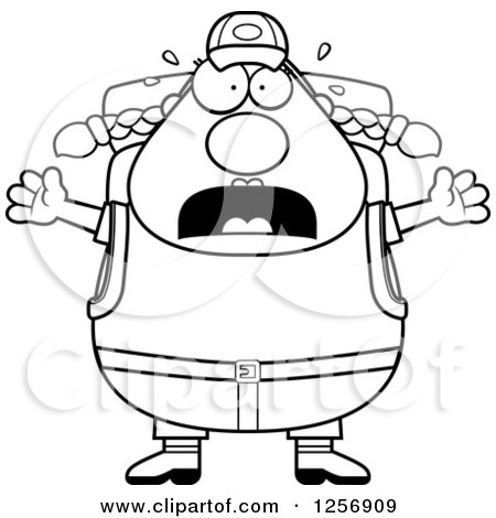 Clipart of a Black and White Scared Screaming Chubby Hiker Woman with Camping Gear - Royalty Free Vector Illustration by Cory Thoman