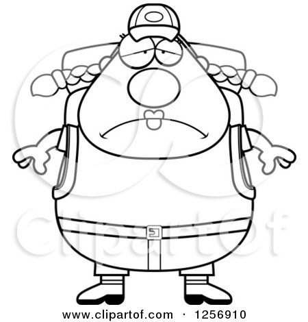 Clipart of a Black and White Sad Depressed Chubby Hiker Woman with Camping Gear - Royalty Free Vector Illustration by Cory Thoman