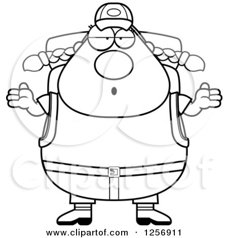 Clipart of a Black and White Careless Shrugging Chubby Hiker Woman with Camping Gear - Royalty Free Vector Illustration by Cory Thoman