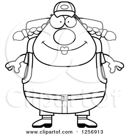 Clipart of a Black and White Chubby Hiker Woman with Camping Gear - Royalty Free Vector Illustration by Cory Thoman