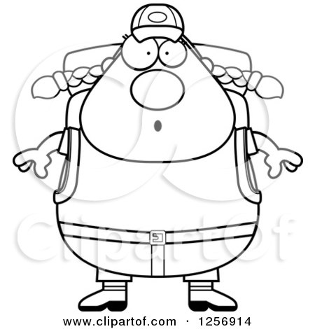 Clipart of a Black and White Surprised Chubby Hiker Woman with Camping Gear - Royalty Free Vector Illustration by Cory Thoman