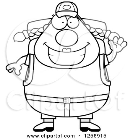 Clipart of a Black and White Waving Friendly Chubby Hiker Woman with Camping Gear - Royalty Free Vector Illustration by Cory Thoman