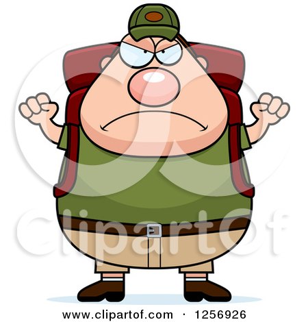 Clipart of a Mad Chubby Caucasian Hiker Man with Camping Gear Waving His Fists - Royalty Free Vector Illustration by Cory Thoman