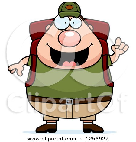 Clipart of a Chubby Caucasian Hiker Man with Camping Gear and an Idea - Royalty Free Vector Illustration by Cory Thoman