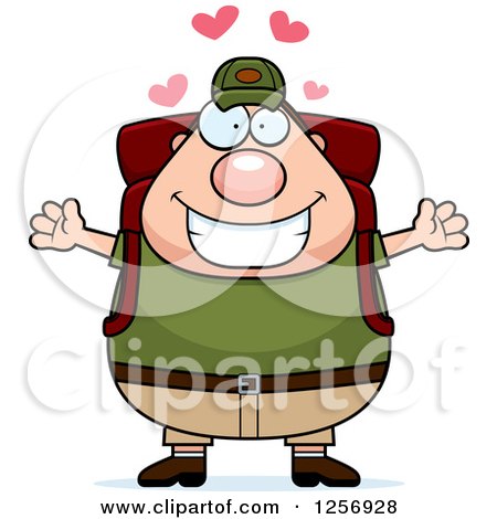 Clipart of a Loving Chubby Caucasian Hiker Man with Camping Gear - Royalty Free Vector Illustration by Cory Thoman