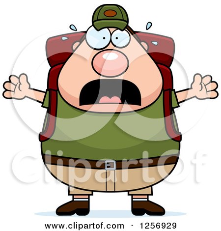 Clipart of a Scared Screaming Chubby Caucasian Hiker Man with Camping Gear - Royalty Free Vector Illustration by Cory Thoman
