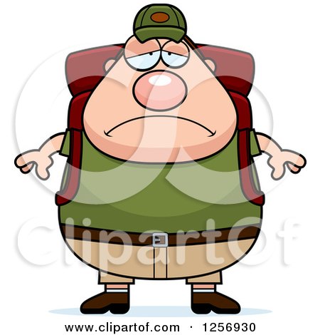Clipart of a Sad Depressed Chubby Caucasian Hiker Man with Camping Gear - Royalty Free Vector Illustration by Cory Thoman