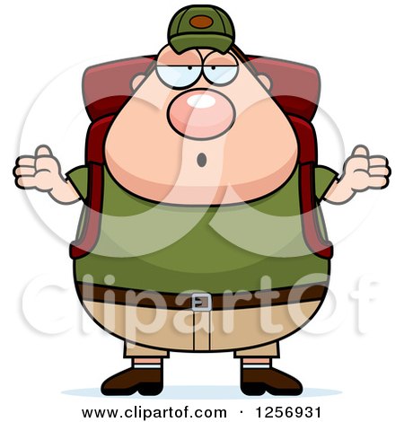 Clipart of a Careless Shrugging Chubby Caucasian Hiker Man with Camping Gear - Royalty Free Vector Illustration by Cory Thoman