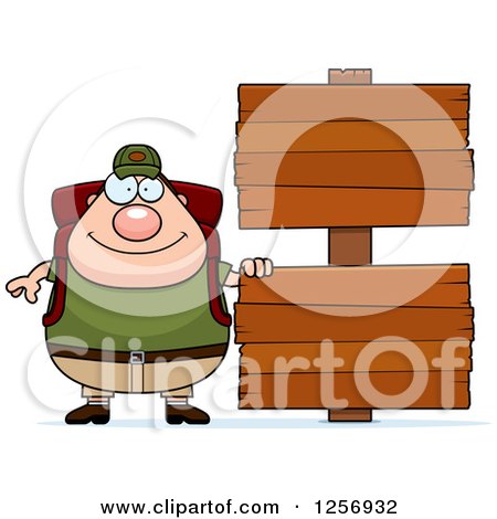 Clipart of a Chubby Caucasian Hiker Man with Camping Gear by Wood Signs - Royalty Free Vector Illustration by Cory Thoman