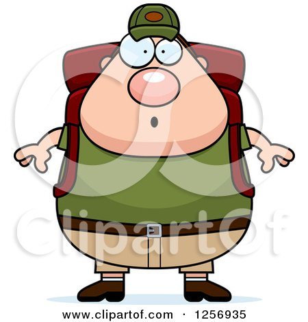 Clipart of a Surprised Chubby Caucasian Hiker Man with Camping Gear - Royalty Free Vector Illustration by Cory Thoman