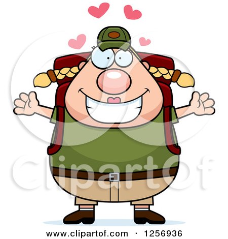 Clipart of a Loving Chubby Caucasian Hiker Woman with Camping Gear - Royalty Free Vector Illustration by Cory Thoman