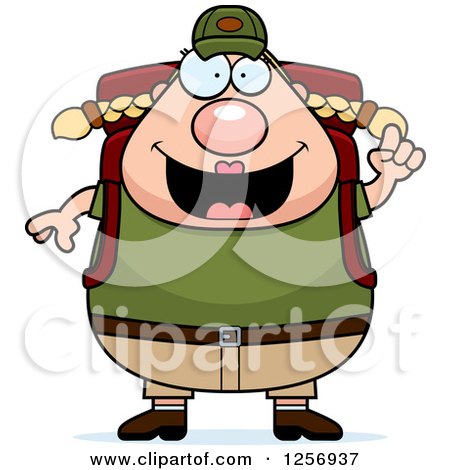 Clipart of a Chubby Caucasian Hiker Woman with Camping Gear and an Idea - Royalty Free Vector Illustration by Cory Thoman