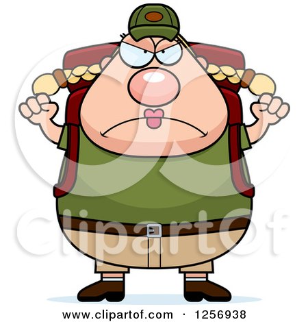 Clipart of a Mad Chubby Caucasian Hiker Woman with Camping Gear and Waving Her Fists - Royalty Free Vector Illustration by Cory Thoman