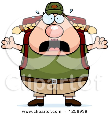 Clipart of a Scared Screaming Chubby Caucasian Hiker Woman with Camping Gear - Royalty Free Vector Illustration by Cory Thoman