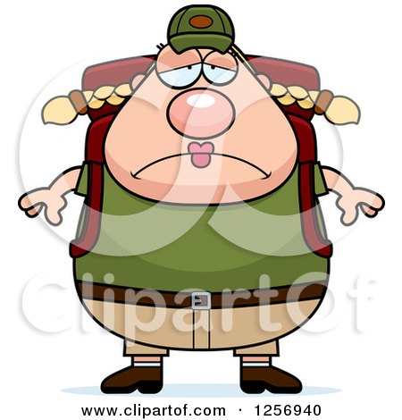 Clipart of a Sad Depressed Chubby Caucasian Hiker Woman with Camping Gear - Royalty Free Vector Illustration by Cory Thoman