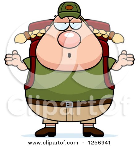 Clipart of a Careless Shrugging Chubby Caucasian Hiker Woman with Camping Gear - Royalty Free Vector Illustration by Cory Thoman