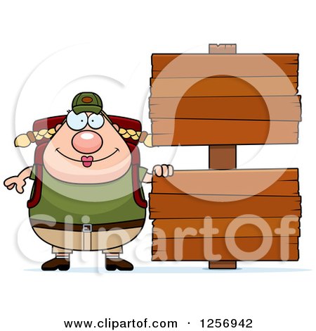 Clipart of a Chubby Caucasian Hiker Woman with Camping Gear by Wood Signs - Royalty Free Vector Illustration by Cory Thoman