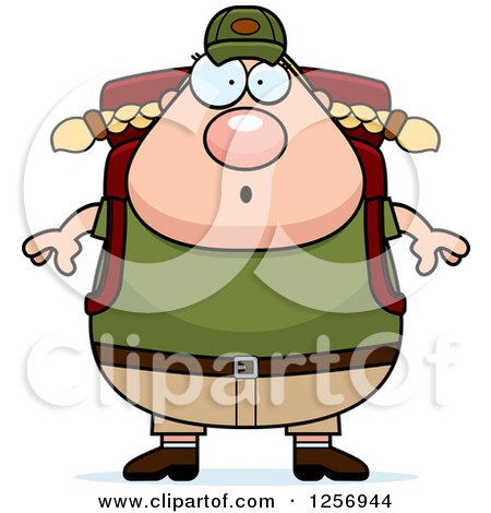 Clipart of a Surprised Chubby Caucasian Hiker Woman with Camping Gear - Royalty Free Vector Illustration by Cory Thoman