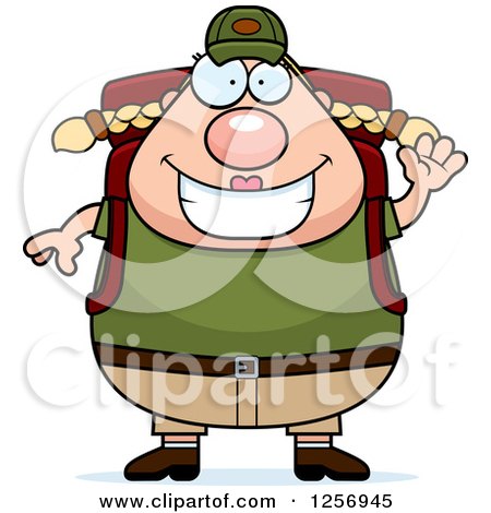 Clipart of a Waving Friendly Chubby Caucasian Hiker Woman with Camping Gear - Royalty Free Vector Illustration by Cory Thoman