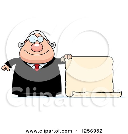 Clipart of a Chubby Caucasian Male Judge with a Scroll Sign - Royalty Free Vector Illustration by Cory Thoman