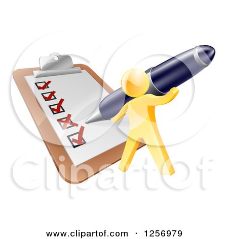 Clipart of a 3d Gold Man Using a Pen to Check off a List - Royalty Free Vector Illustration by AtStockIllustration
