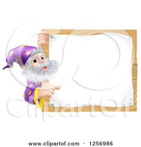 Clipart of a Senior Wizard Pointing Around a Posted Notice Sign on Wood - Royalty Free Vector Illustration by AtStockIllustration