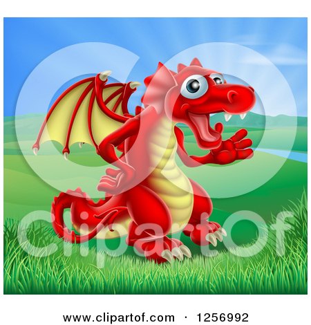 Clipart of a Friendly Red Dragon Waving in a Valley - Royalty Free Vector Illustration by AtStockIllustration