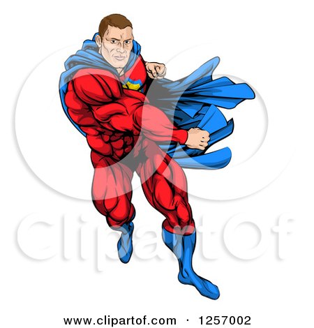 Clipart of a Cacuasian Muscular Super Hero Man Running and Punching - Royalty Free Vector Illustration by AtStockIllustration