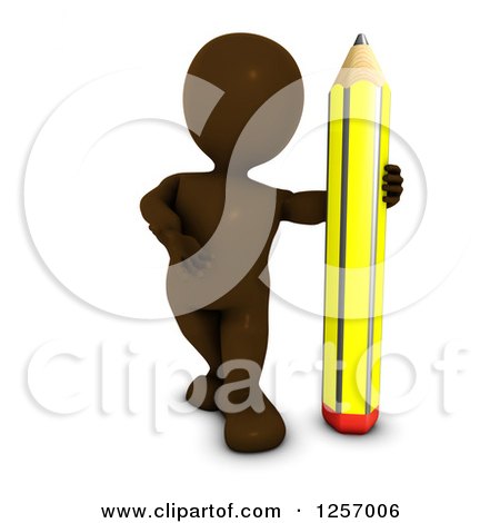 Clipart of a 3d Brown Man with a Giant Pencil - Royalty Free Illustration by KJ Pargeter
