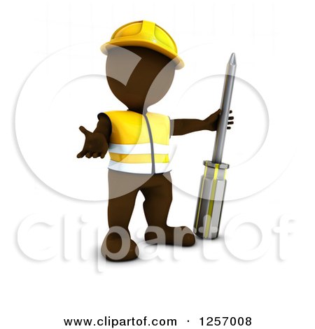 Clipart of a 3d Brown Man Worker Presenting with a Screwdriver - Royalty Free Illustration by KJ Pargeter
