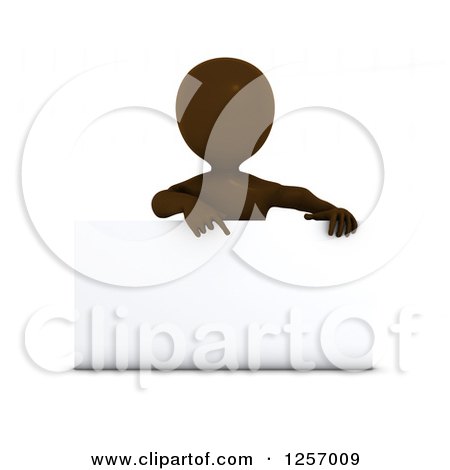 Clipart of a 3d Brown Man Pointing down at a Blank Sign - Royalty Free Illustration by KJ Pargeter