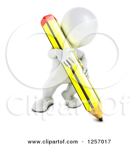 Clipart of a 3d White Man Writing or Drawing with a Giant Pencil - Royalty Free Illustration by KJ Pargeter