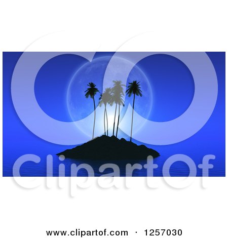 Clipart of a 3d Tropical Island with a Full Moon and Calm Seas at Night - Royalty Free Illustration by KJ Pargeter