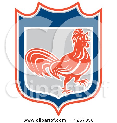 Clipart of a Rooster in an Orange Gray Blue and White Shield - Royalty Free Vector Illustration by patrimonio
