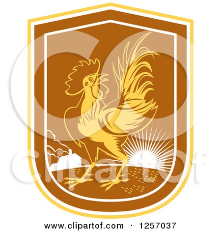 Clipart of a Rooster in a Yellow White and Brown Sunrise Shield - Royalty Free Vector Illustration by patrimonio