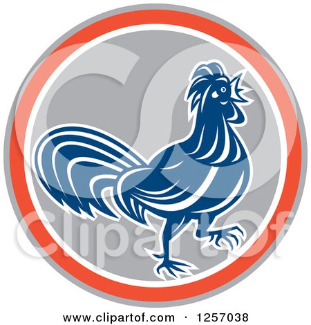 Clipart of a Blue Rooster in a Gray Orange and White Circle - Royalty Free Vector Illustration by patrimonio