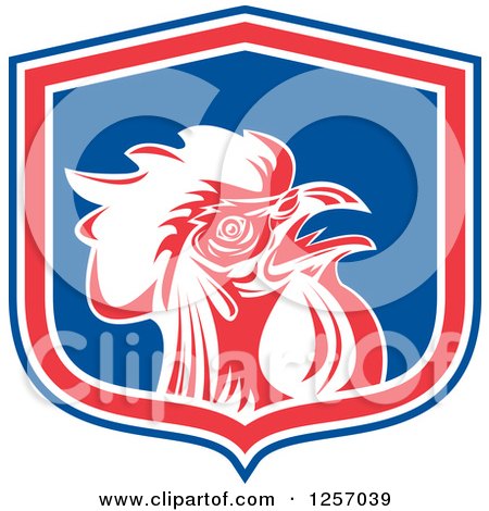 Clipart of a Rooster in a Red White and Blue Shield - Royalty Free Vector Illustration by patrimonio