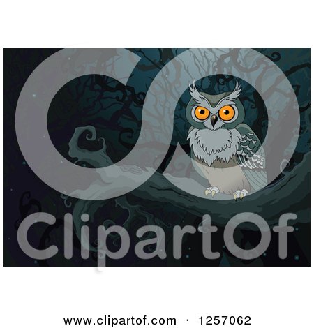 Clipart of a Perched Owl in a Dark Forest - Royalty Free Vector Illustration by Pushkin