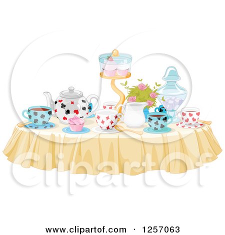 Clipart of a Table Set with Treats and Drinks for a Tea Party - Royalty Free Vector Illustration by Pushkin