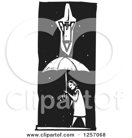 Clipart of a Black and White Woodcut War Missile Raining down on a Civilian with Umbrellas - Royalty Free Vector Illustration by xunantunich