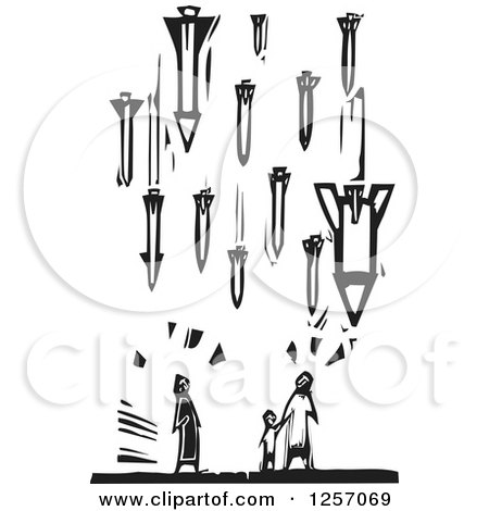 Clipart of a Black and White Woodcut Civilian Family Being Bombed with Missiles - Royalty Free Vector Illustration by xunantunich